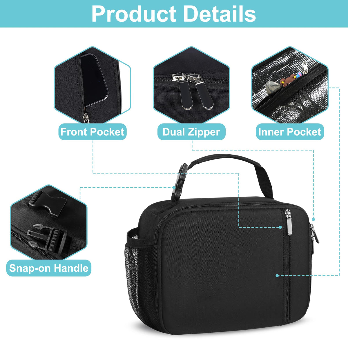 Esouler lunch bag top buckle and handle for easy carrying.