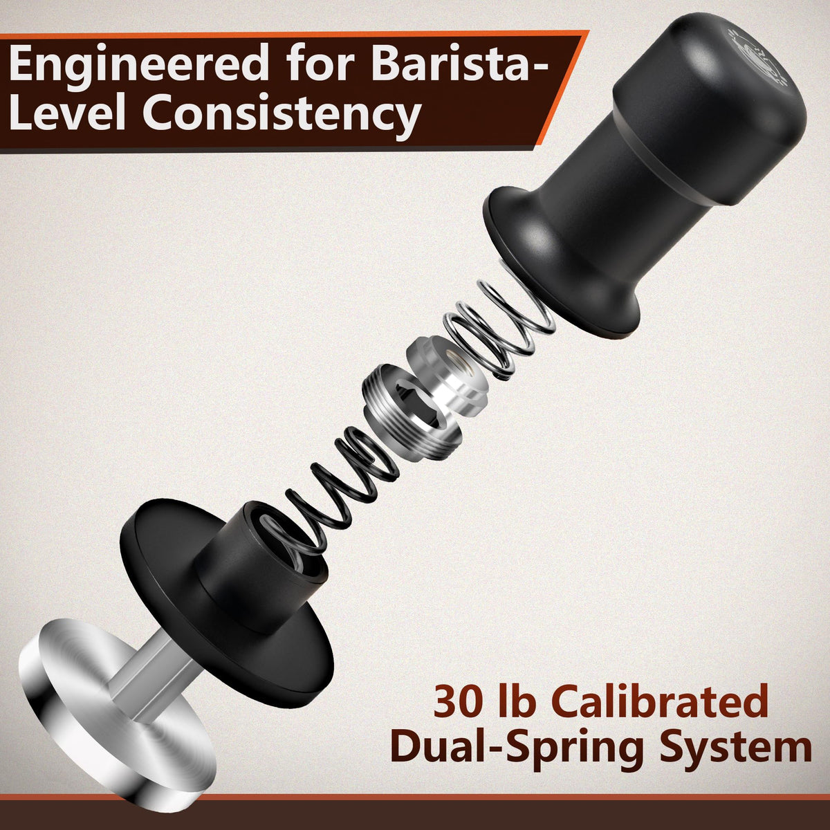 Espresso Essence self-leveling tamper ensures level tamp every time.