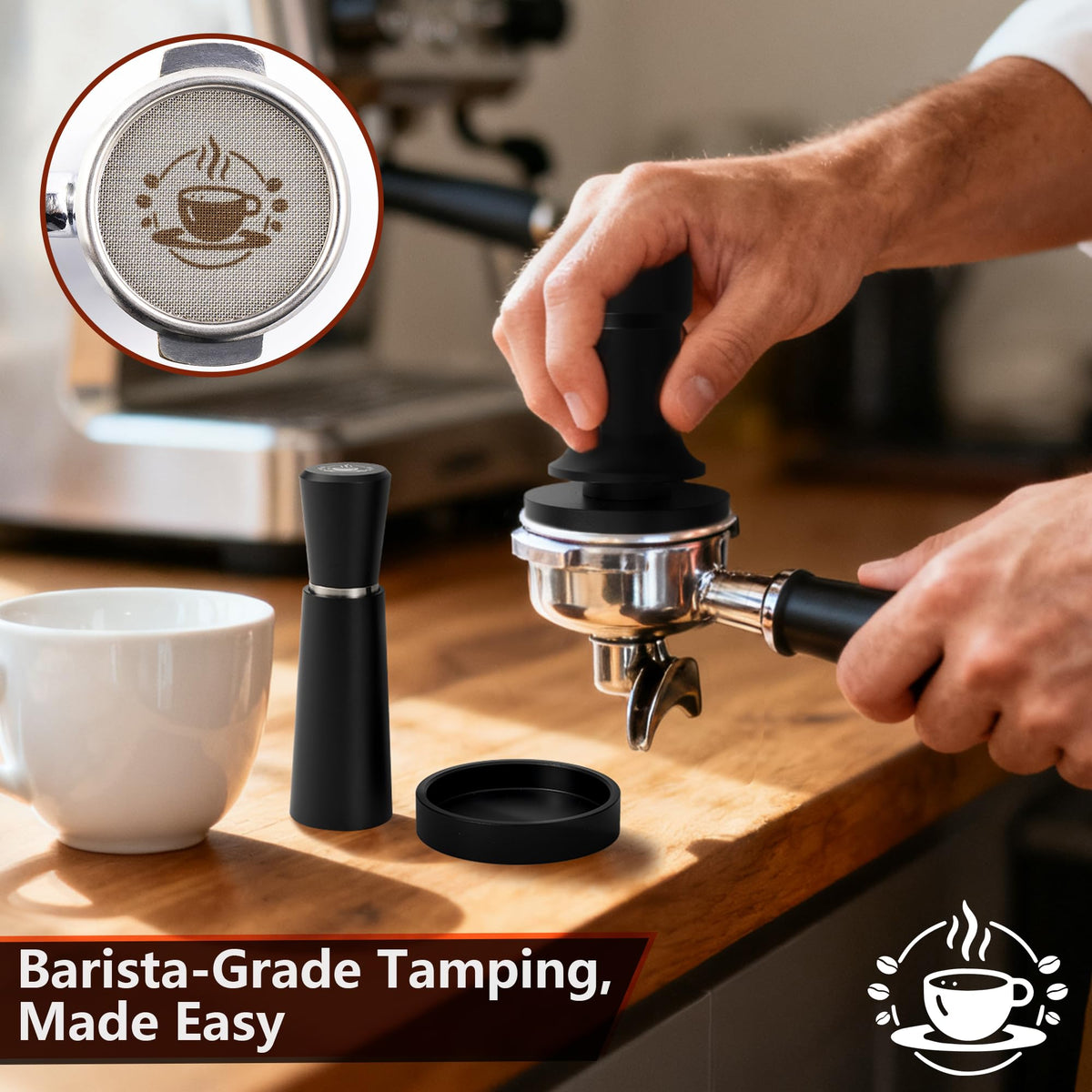 Espresso Essence 53mm tamper handle offers comfortable grip and precise tamping.