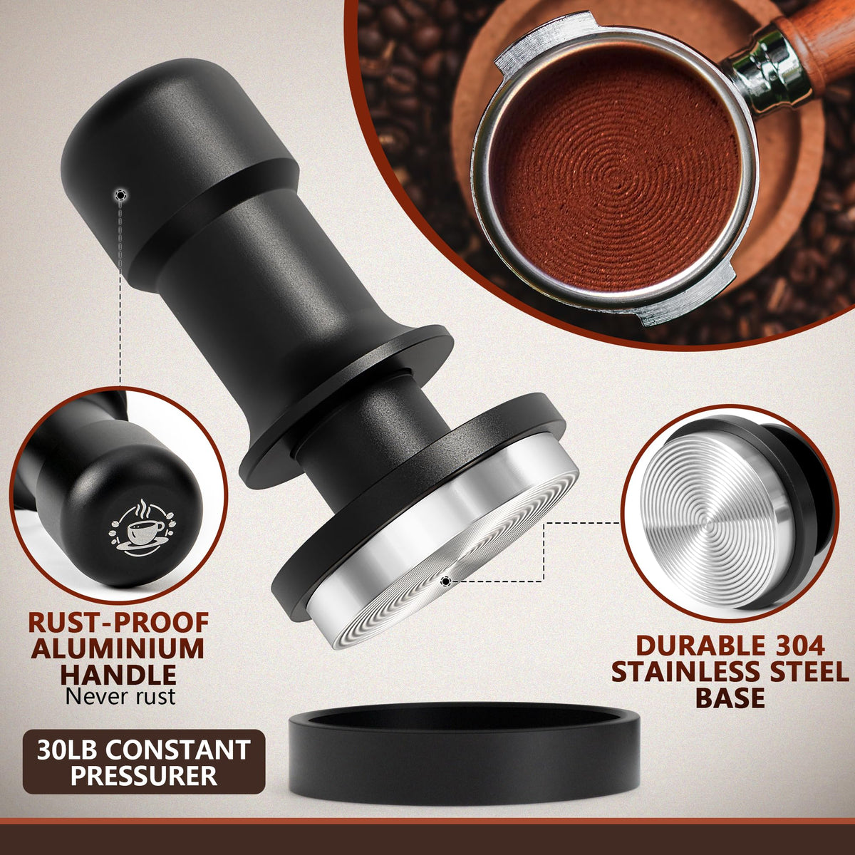 Espresso Essence WDT tool included for even grounds distribution.