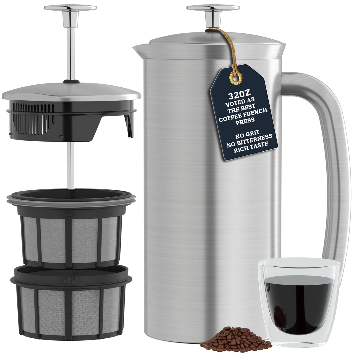 ESPRO Pro P7 brushed stainless steel French press front view showing sleek design and grit-free brew
