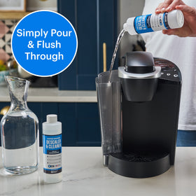 Essential Values descaling solution 3-pack display emphasizing value and six uses.
