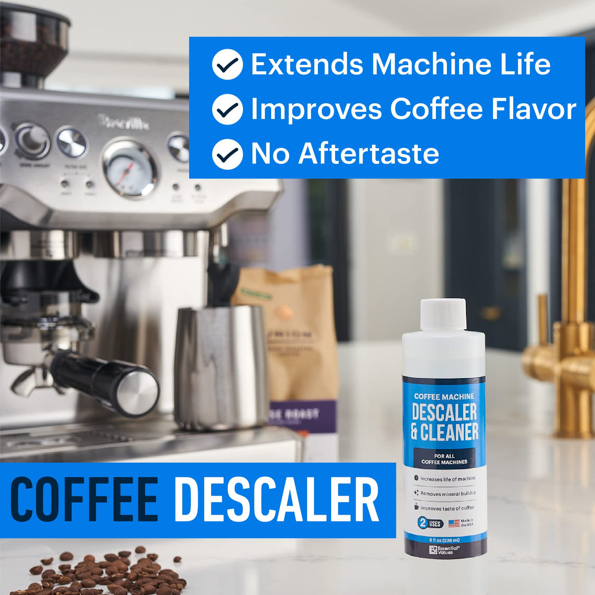 Essential Values 8-uses pack shown as economical descaler for multiple cleanings