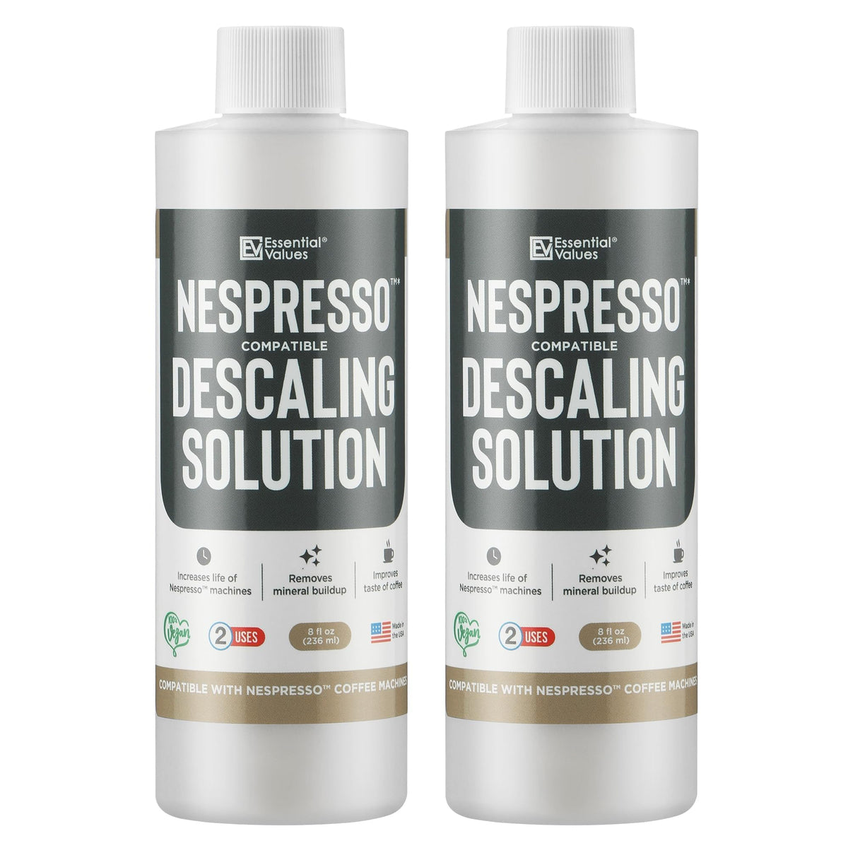 Essential Values descaling solution bottle pour for easy Nespresso cleaning.