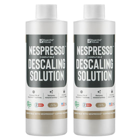 Essential Values descaling solution bottle pour for easy Nespresso cleaning.