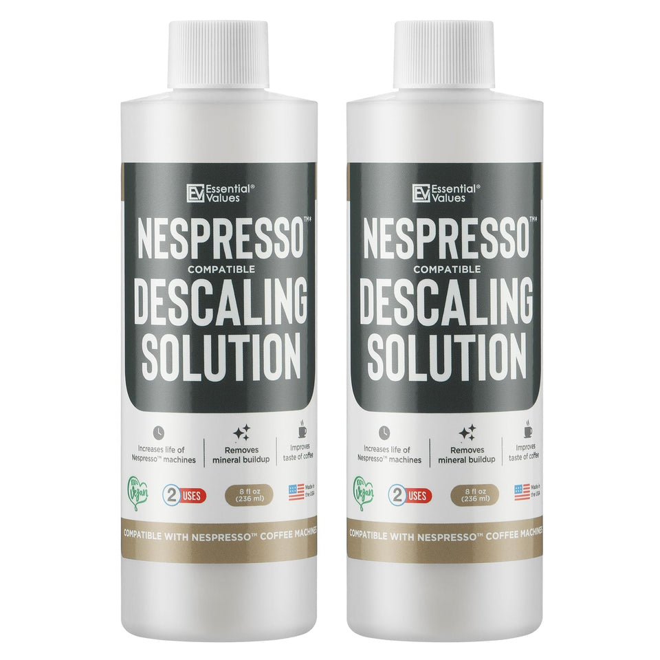 Essential Values descaling solution bottle pour for easy Nespresso cleaning.