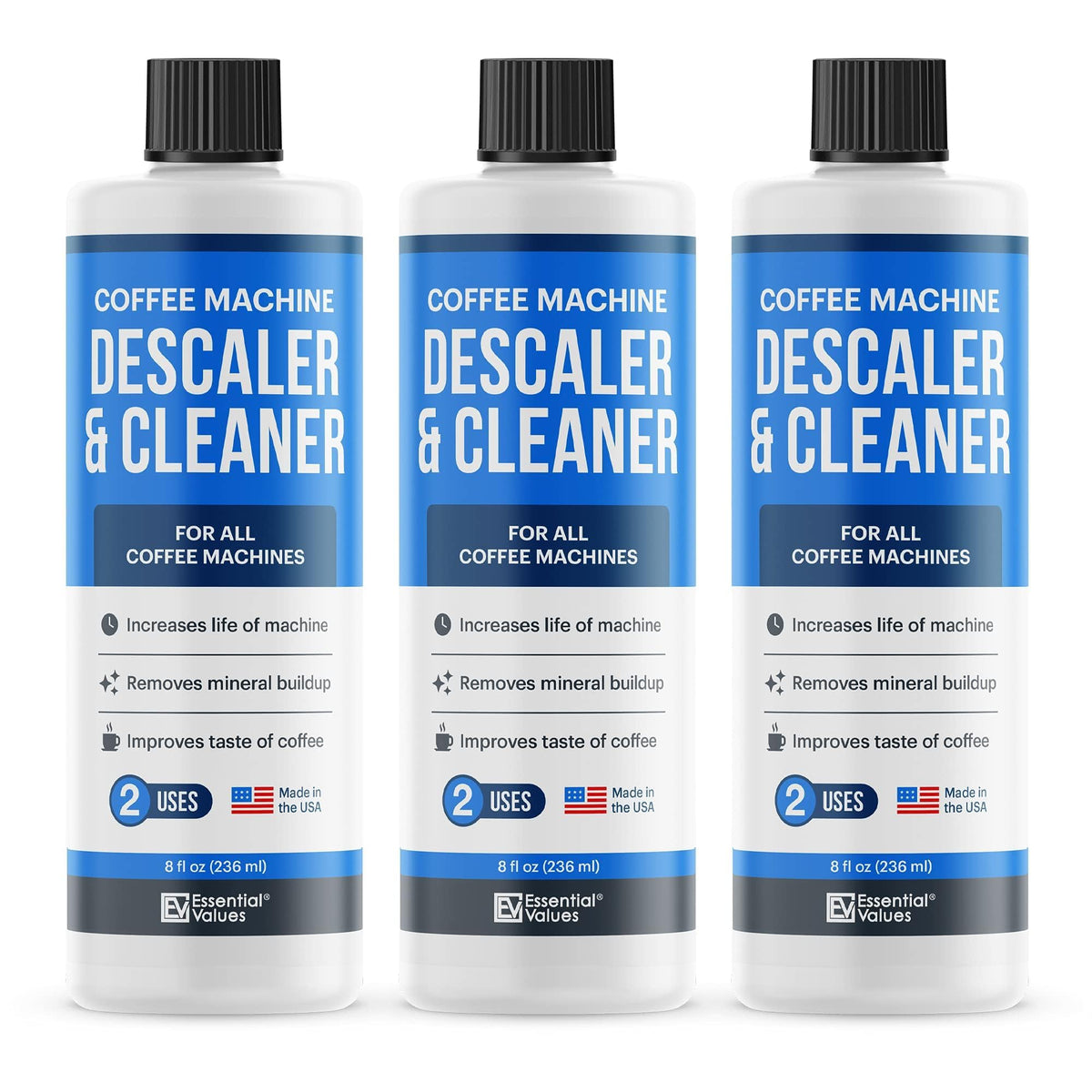Essential Values descaling solution bottle pour promotes easy maintenance of coffee machines.