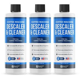 Essential Values descaling solution bottle pour promotes easy maintenance of coffee machines.