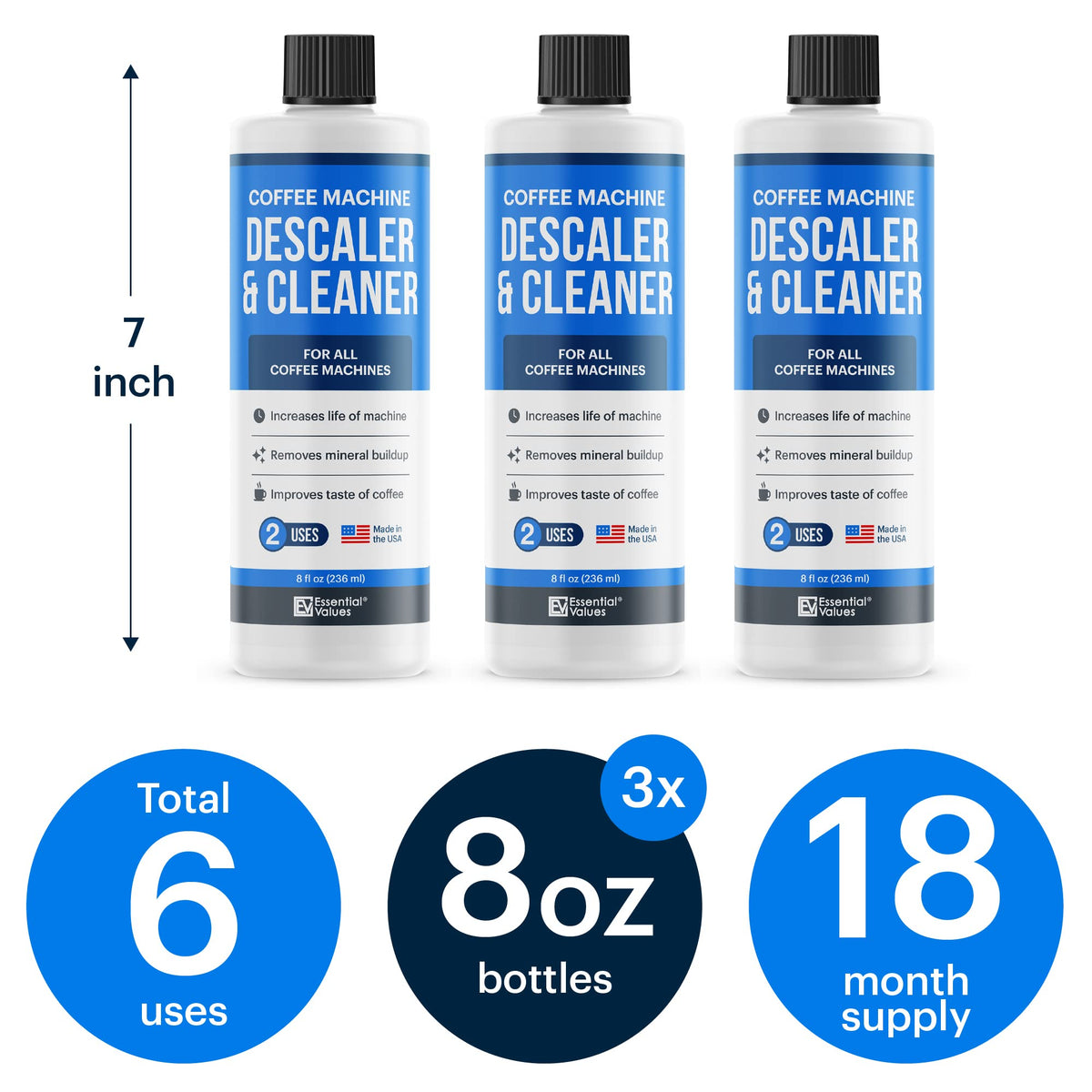 Essential Values descaling solution with cup aroma highlighting flavor recovery.