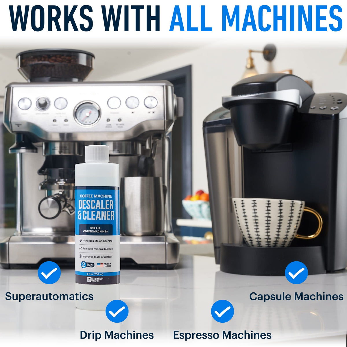 Essential Values descaling solution inside cleaning shown inside a coffee machine.