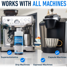 Essential Values descaling solution inside cleaning shown inside a coffee machine.