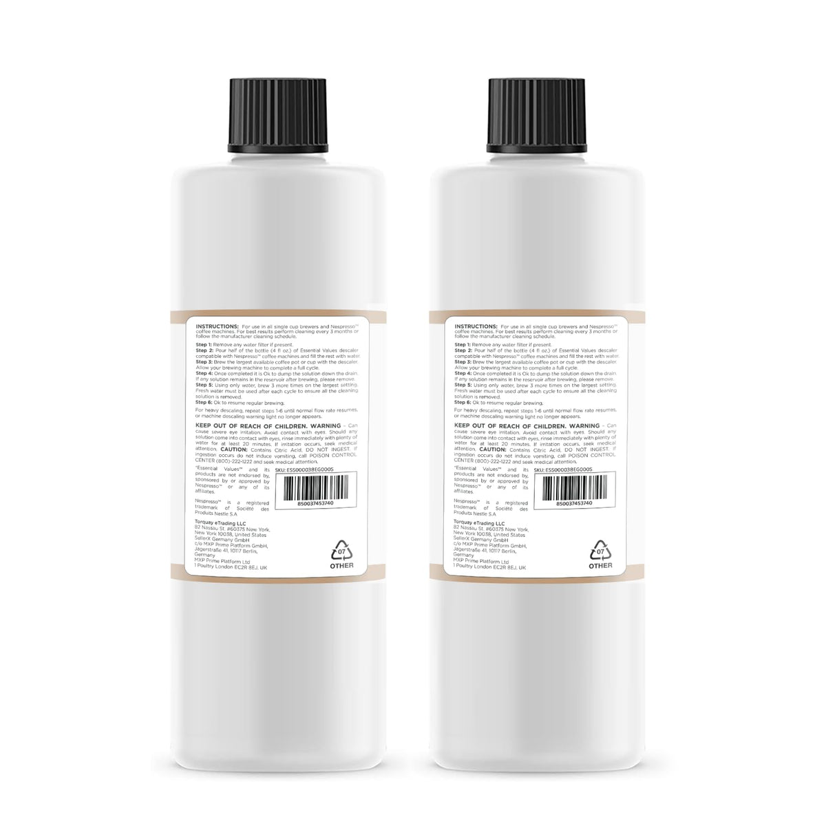 Essential Values descaling solution label closeup shows citric acid formula.