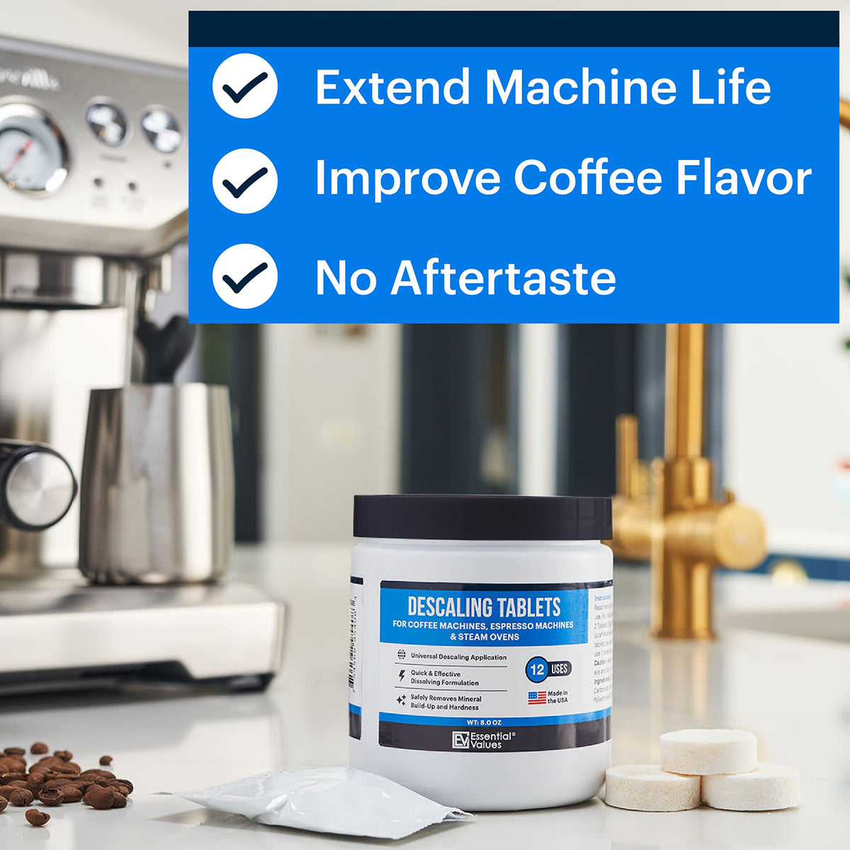 Essential Values descaling tablets for coffee makers improve cleaning and brewing consistency.