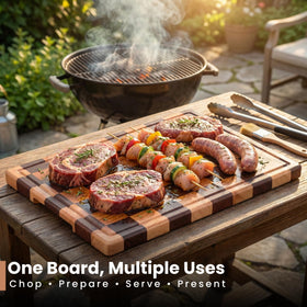 Essentise acacia board serving as charcuterie tray with style