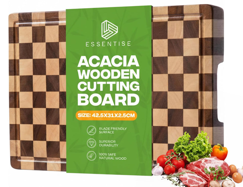 Essentise acacia cutting board with checkered end grain for knife-friendly chopping