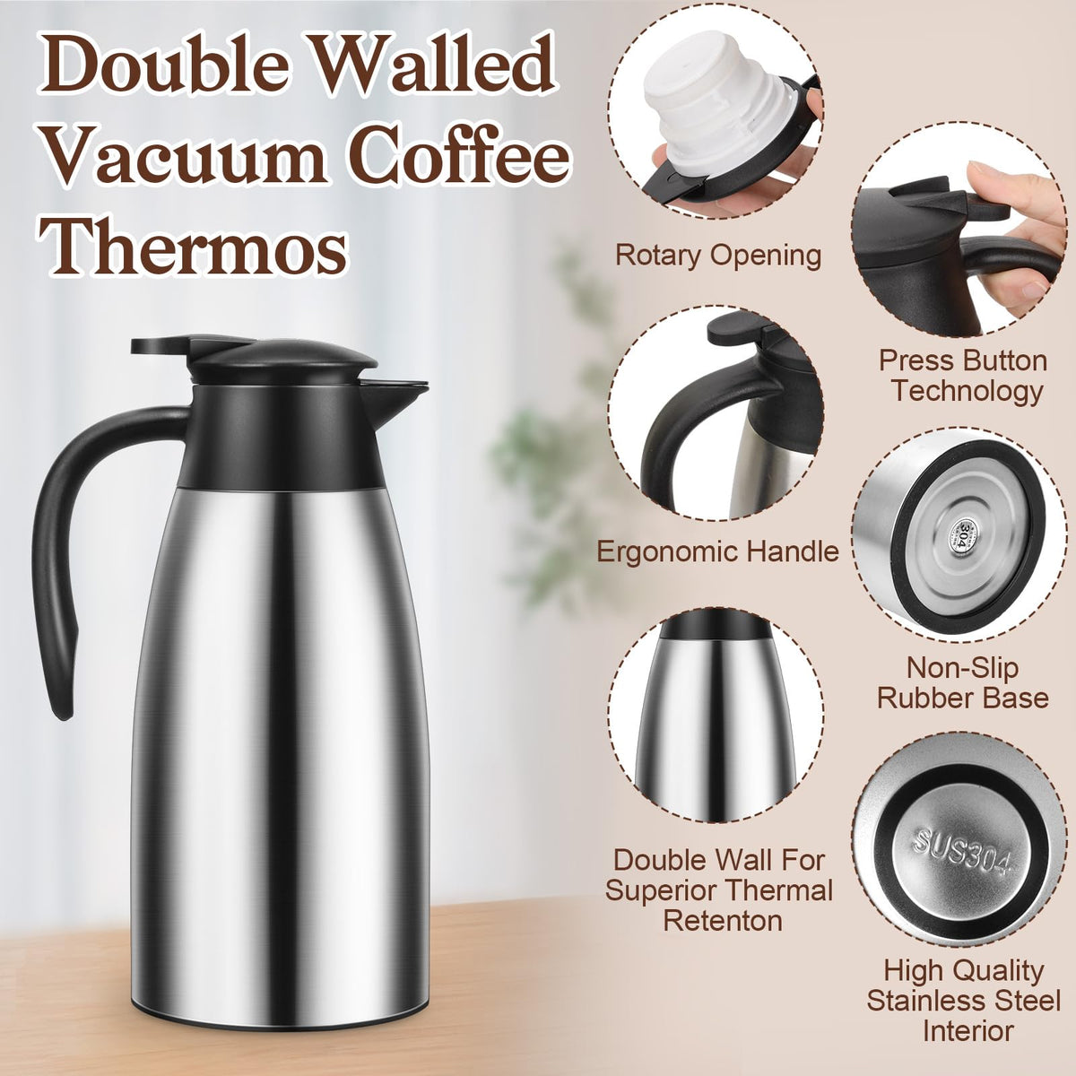 Essenya stainless steel carafe with handle for easy pouring.