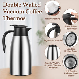 Essenya stainless steel carafe with handle for easy pouring.