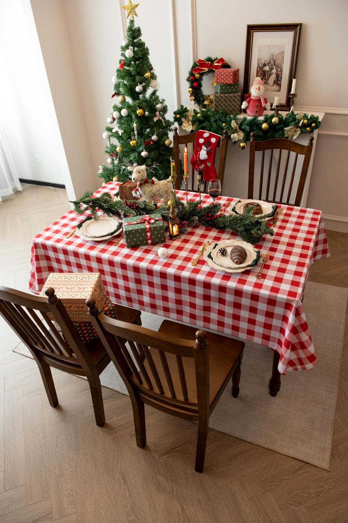 Essifunia checkered tablecloth draped on a worn table for protection