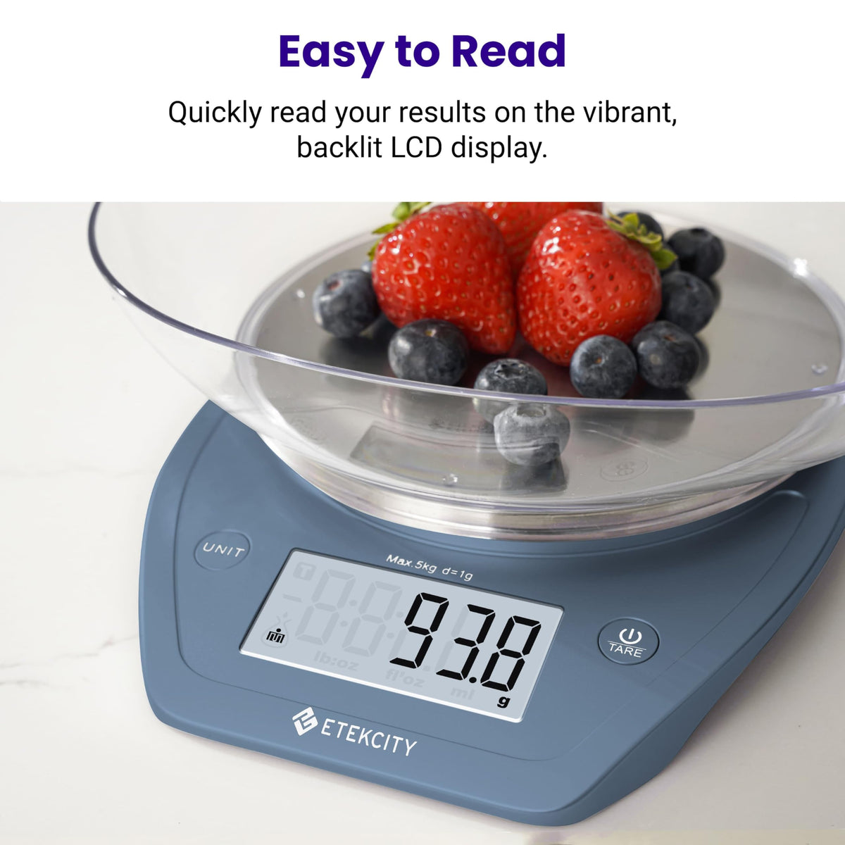 Multiple units on the Etekcity scale for grams, ounces, milliliters, and fluid ounces