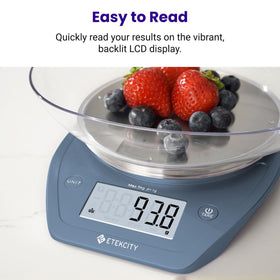 Multiple units on the Etekcity scale for grams, ounces, milliliters, and fluid ounces