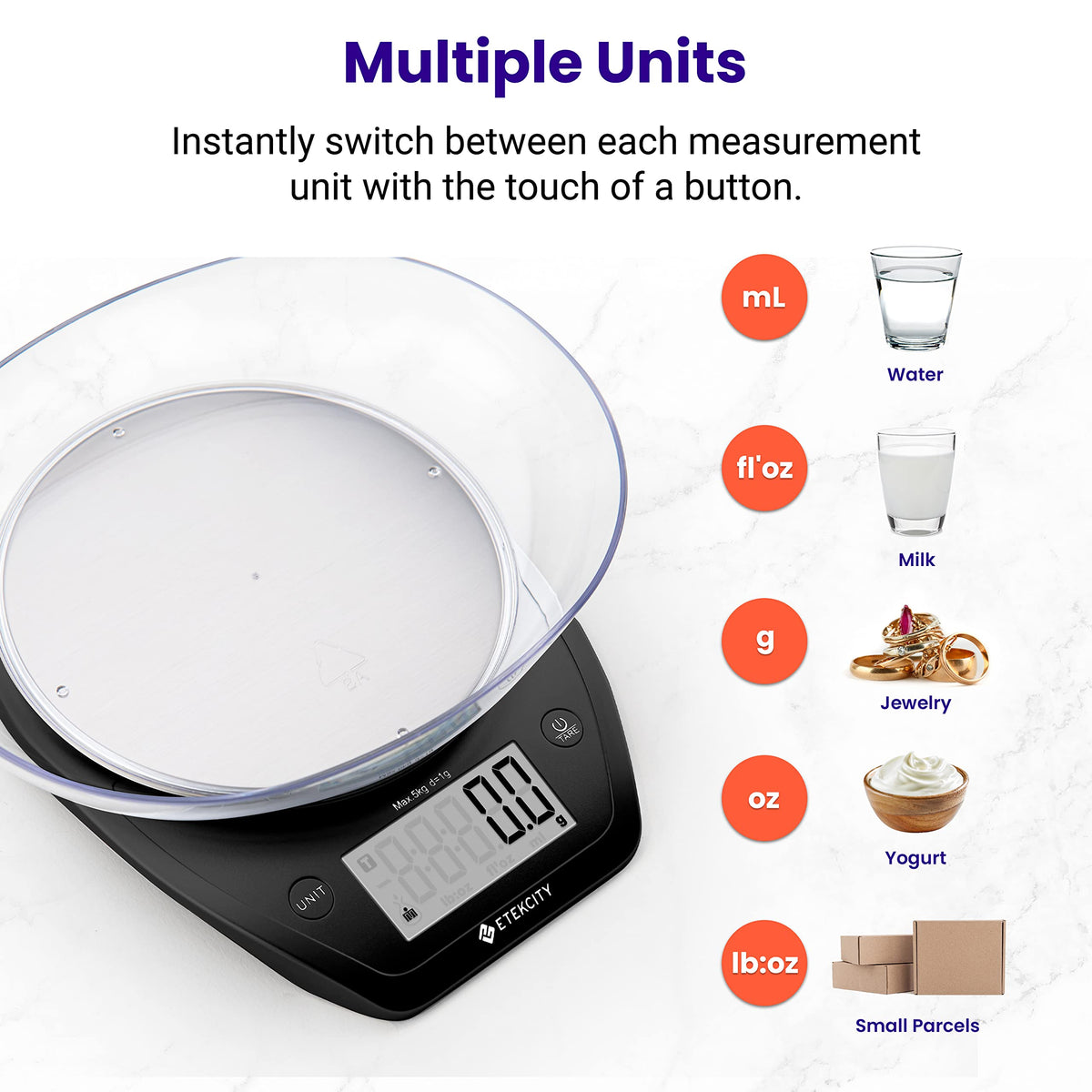 Etekcity five-unit measurements support versatile kitchen weighing.