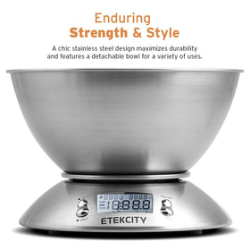 Etekcity scale with detachable bowl for easy mixing and tare measurements.