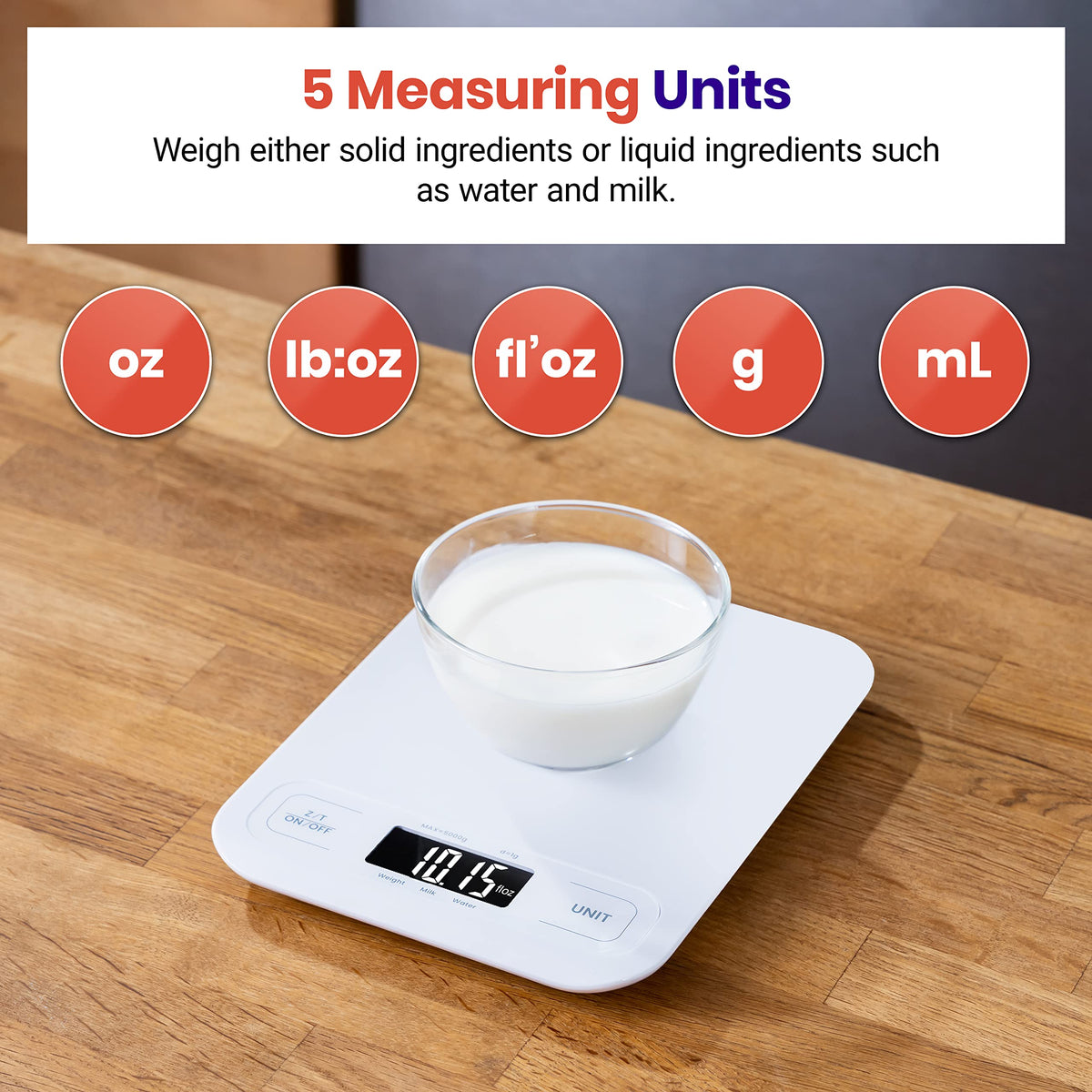 Etekcity food scale shows grams and ounces for accurate cooking and baking.