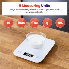 Etekcity food scale shows grams and ounces for accurate cooking and baking.