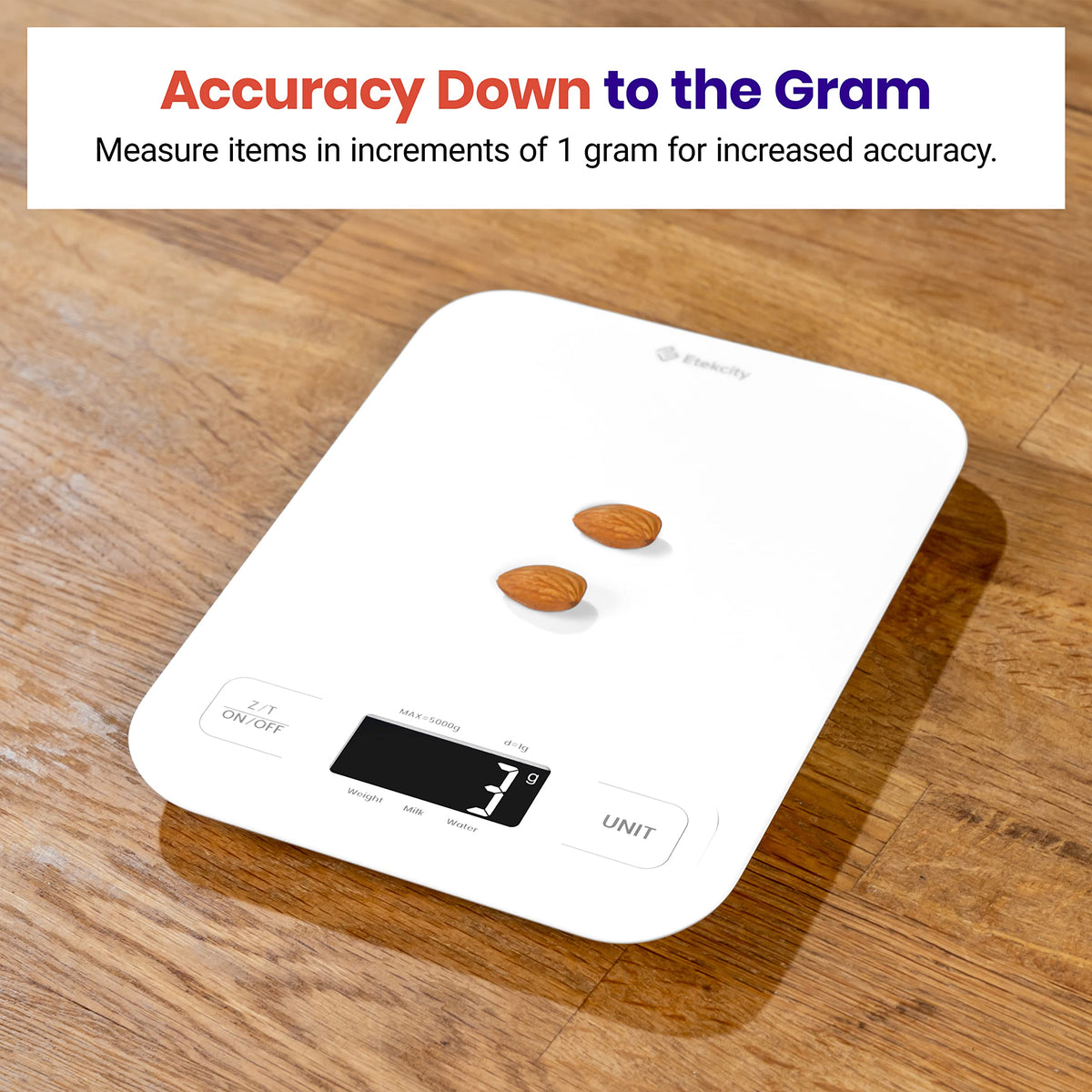 Etekcity scale showing tare function to zero container weight.