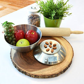Tare function on the Etekcity scale enables weighing ingredients in containers.