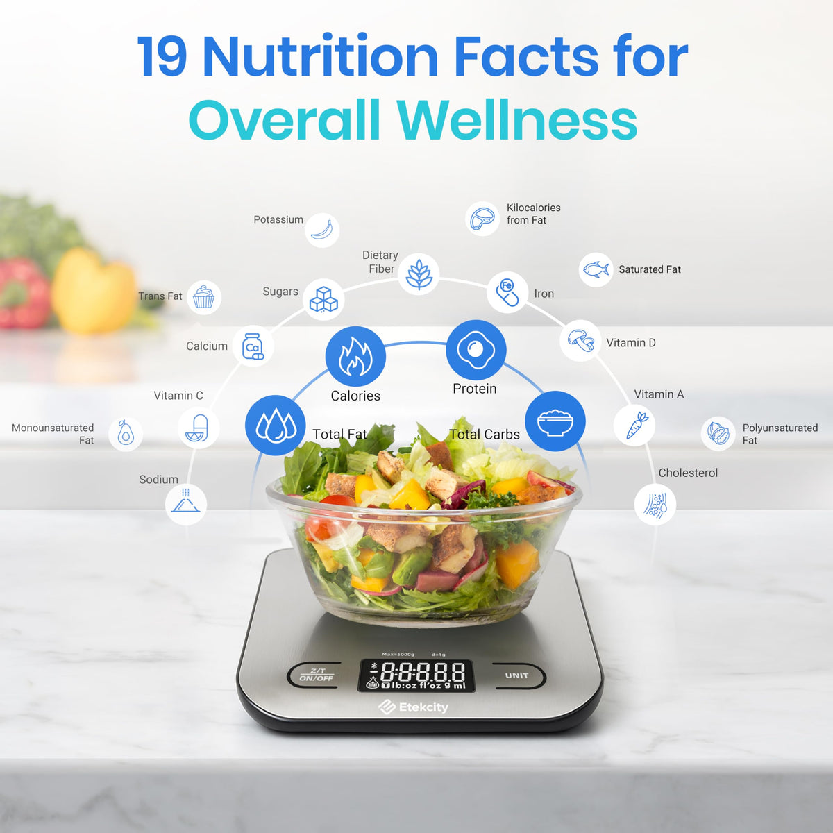 Etekcity scale with VeSync Bluetooth for easy nutrition tracking.