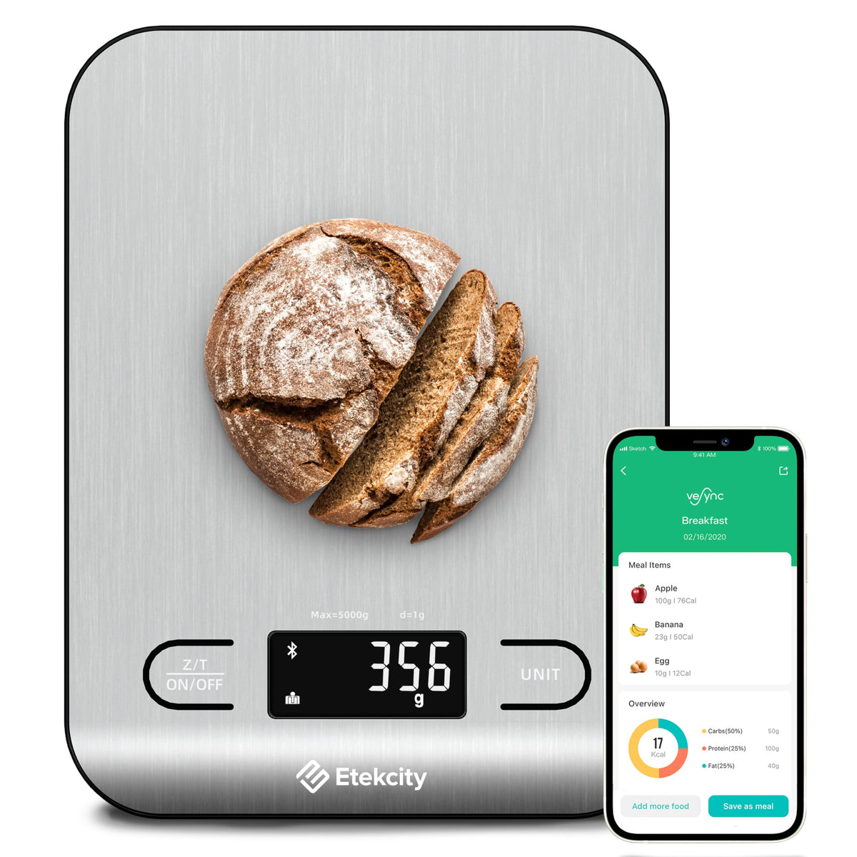 Etekcity nutrition scale with digital display for precise kitchen measurements.