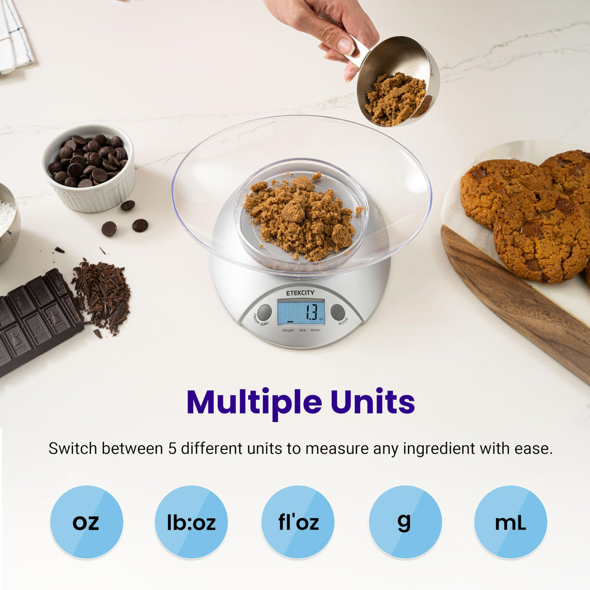 Etekcity digital kitchen scale with backlit display for easy reading.