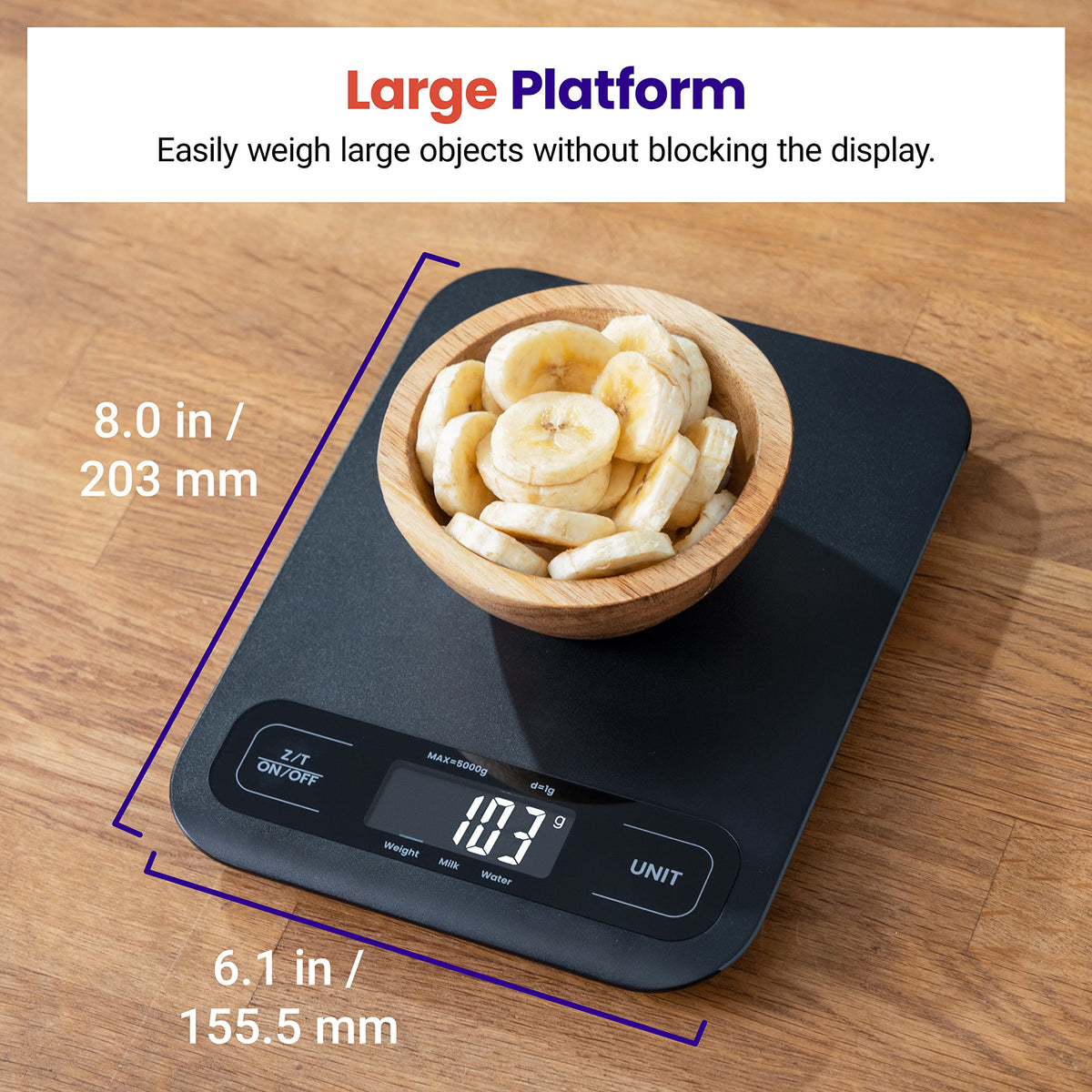 Etekcity scale demonstrates bake-ready measurements and portion control for recipes.