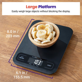Etekcity scale demonstrates bake-ready measurements and portion control for recipes.