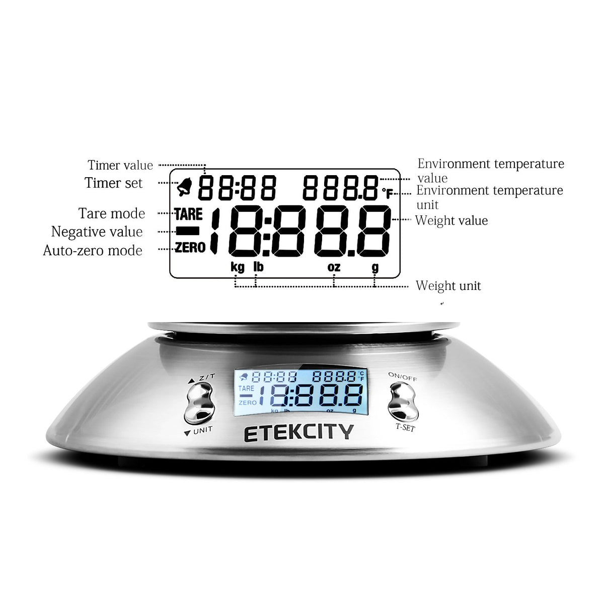 Etekcity scale display with blue backlight for easy reading.