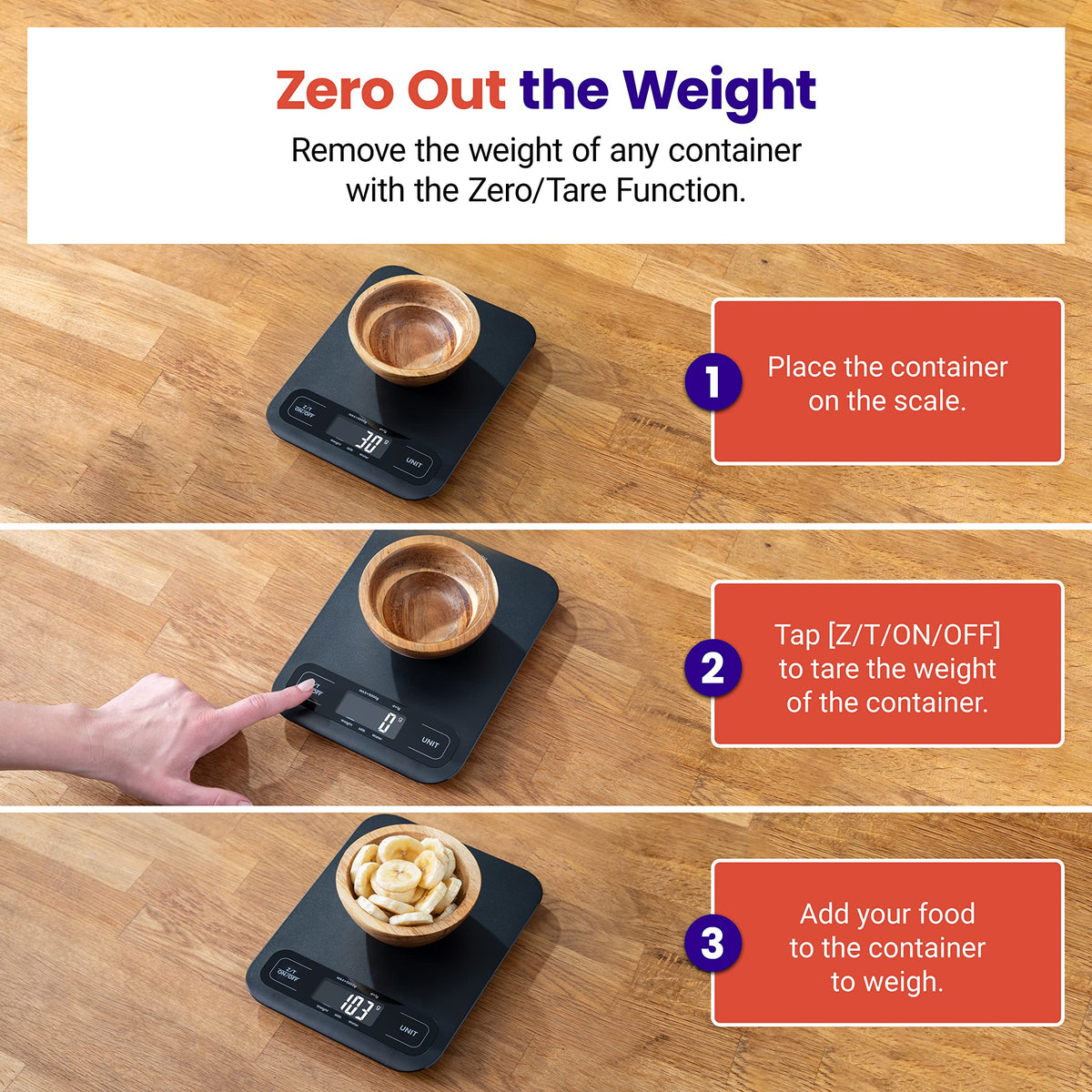 Etekcity kitchen scale measuring ingredients for baking and cooking.