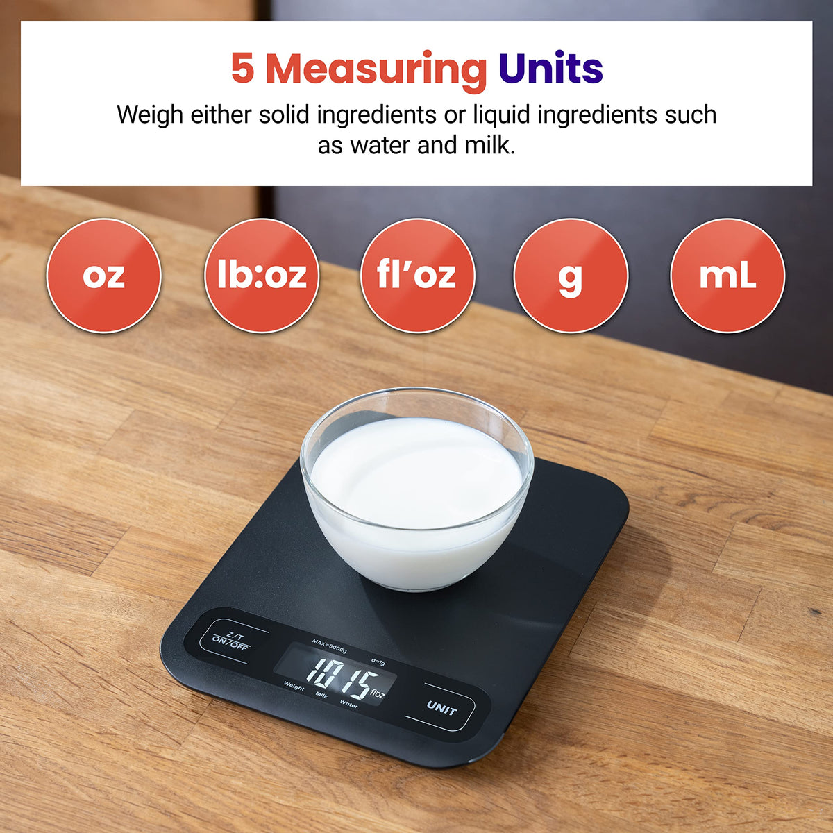 Etekcity tare function enables zeroing containers for clean, efficient weighing.