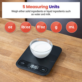Etekcity tare function enables zeroing containers for clean, efficient weighing.