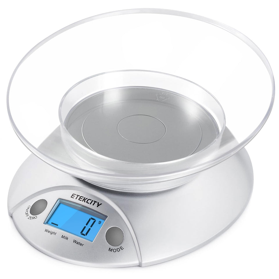 Etekcity scale with removable bowl for precise ingredient measurement.