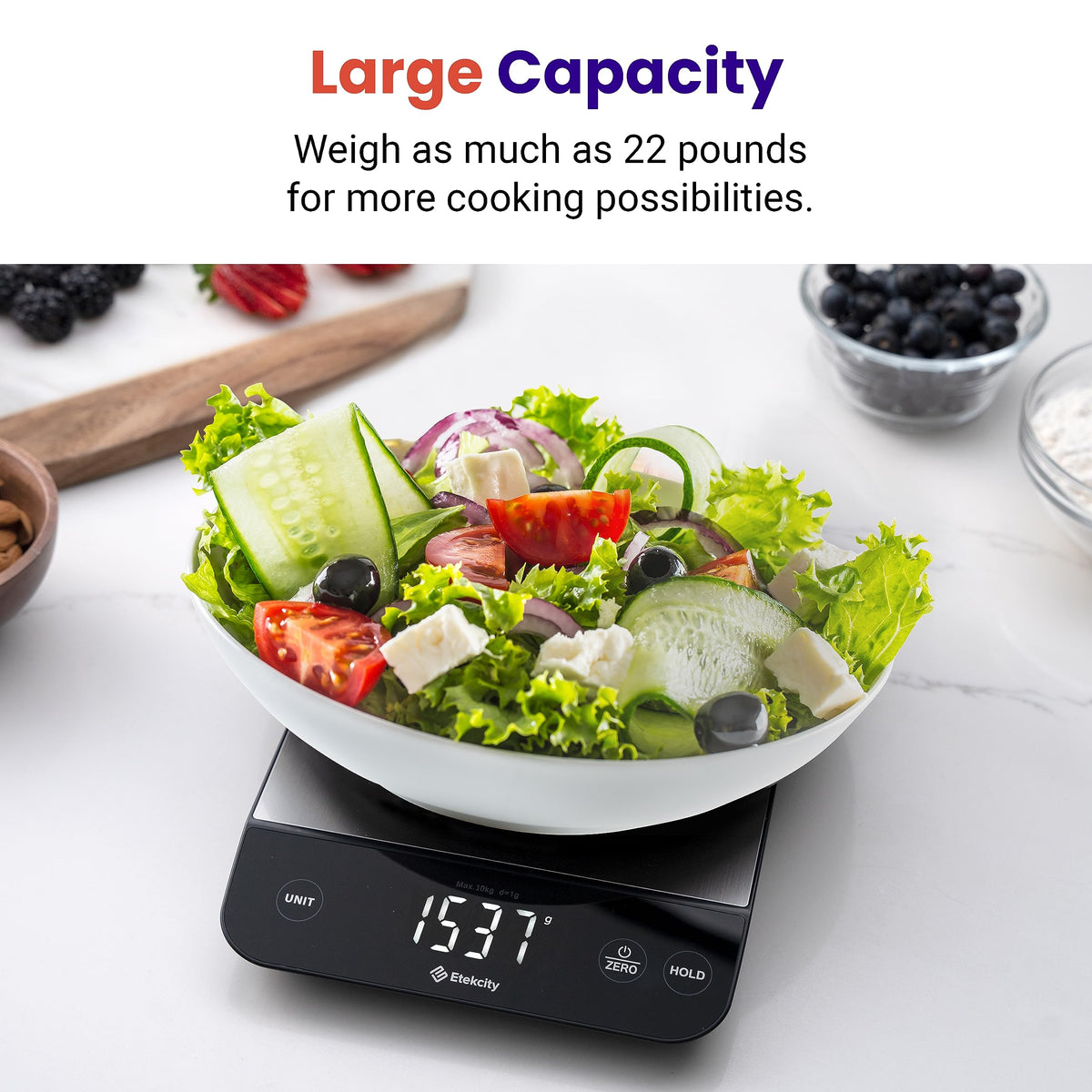 Hold function and tare simplify weighing multiple ingredients accurately.
