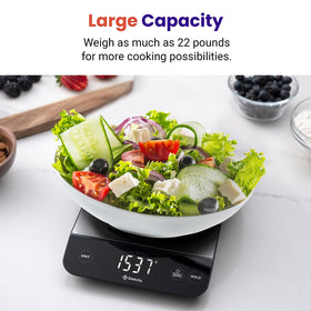 Hold function and tare simplify weighing multiple ingredients accurately.