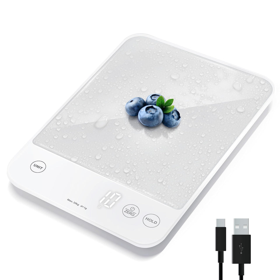Etekcity kitchen scale shows 22 lb capacity on a large display.
