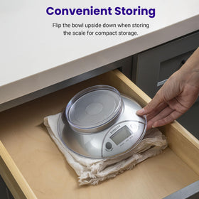 Etekcity scale compact design with protective bowl lid.