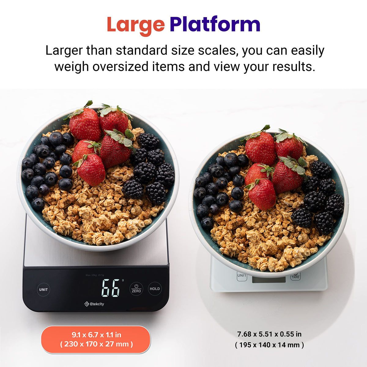 Etekcity scale with LCD display for clear, precise measurements.