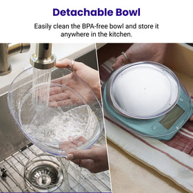 Etekcity scale shows grams, ounces, and ml options for versatile cooking.