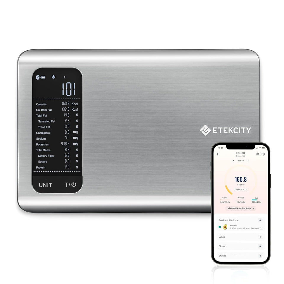 Etekcity Smart Nutrition Scale flatlay on stainless steel surface for precise portion control