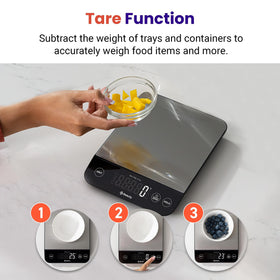 Stainless steel platform provides stable readings during food prep.
