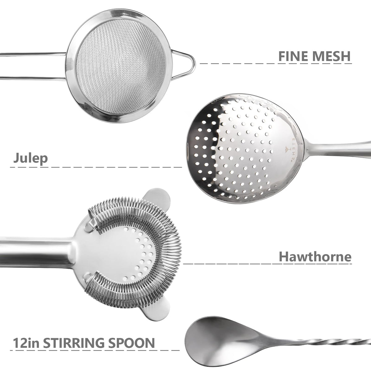 Etens julep strainer provides precise filtration and clean pours.