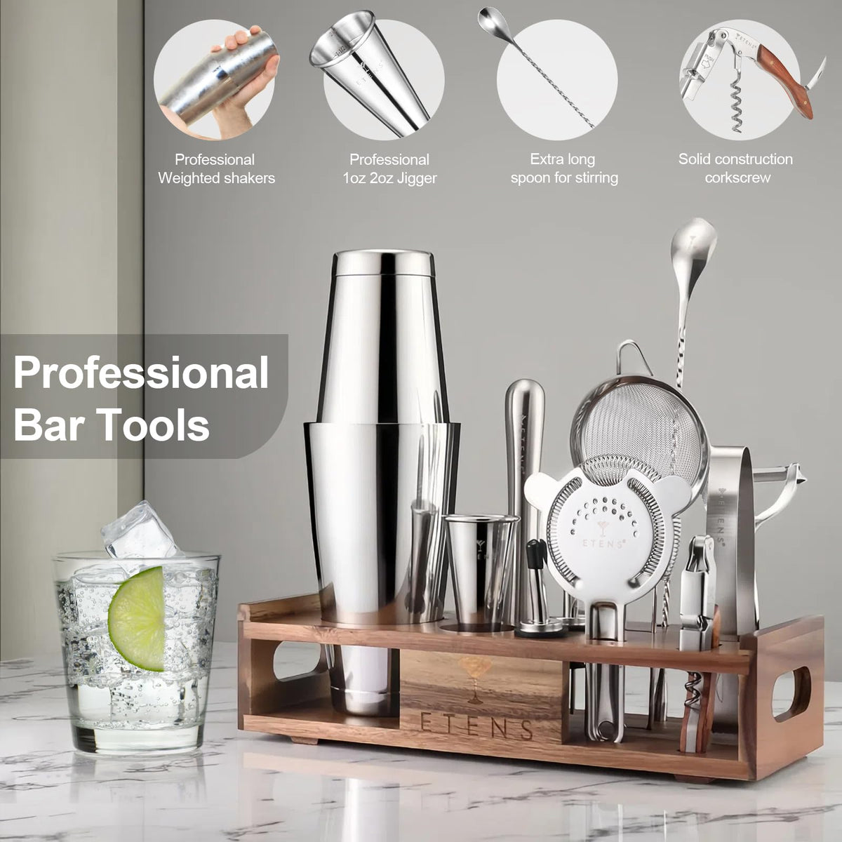 Etens muddler and mixing spoon for crafting fresh cocktails.